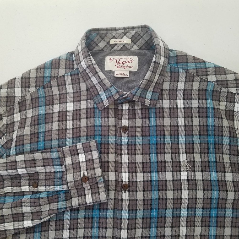 Penguin Plaid Button Front Long Sleeve Shirt Classic Fit Mens Large